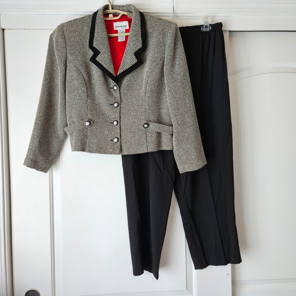 Petite Perceptions Pant Suit Womens 8 Black White Houndstooth Vintage Capri 90s